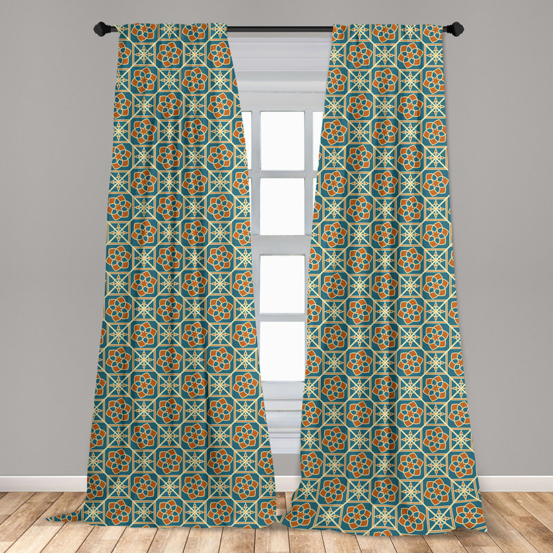 Teal and Orange Geometric Pattern Room-Darkening Polyester Curtain Panels, 28" x 63"