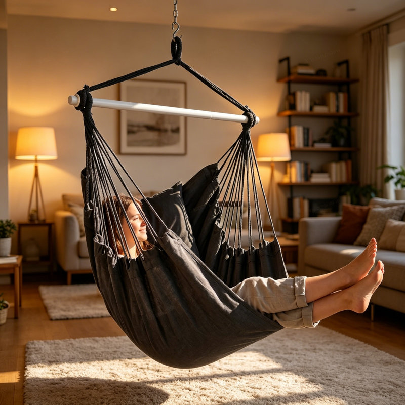 Hammock Hanging Swing Chair with 2 Cushions, Cotton Canvas Hammock Seat Equipped with Metal Bar & Hanging Kit, 150kg Load Capacity, Indoor Outdoor Chair for Garden Bedroom Balcony Patio