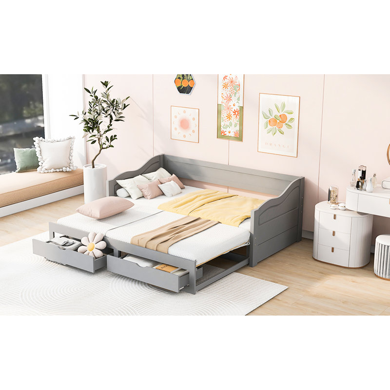 Gray Daybed With Expandable Trundle And Storage, No Box Spring For Simple Living Extendable Storage Drawers, Suitable ' Adults' Use