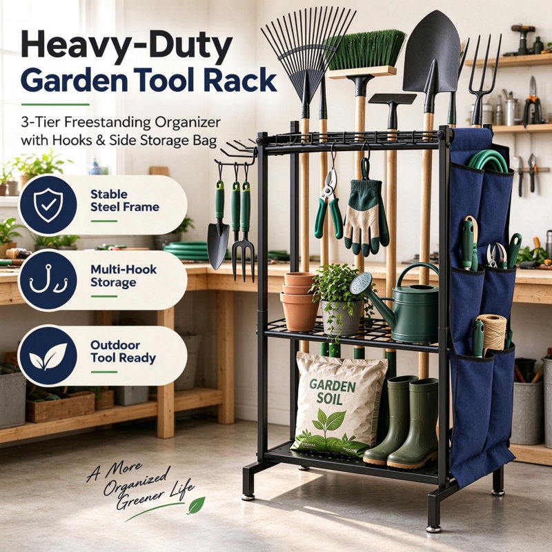 Heavy Duty Garden Tool Organizer Rack with Hooks & Side Pockets, Yard Tool Storage Holder, 76×44×32cm Shed Storage Solution for Garden, Garage & Shed