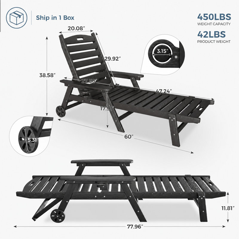 HDPE 6-Position Adjustable Patio Chaise Lounge With Wheels & Cup Holder Heavy Duty Outdoor Recliner For Pool, Black