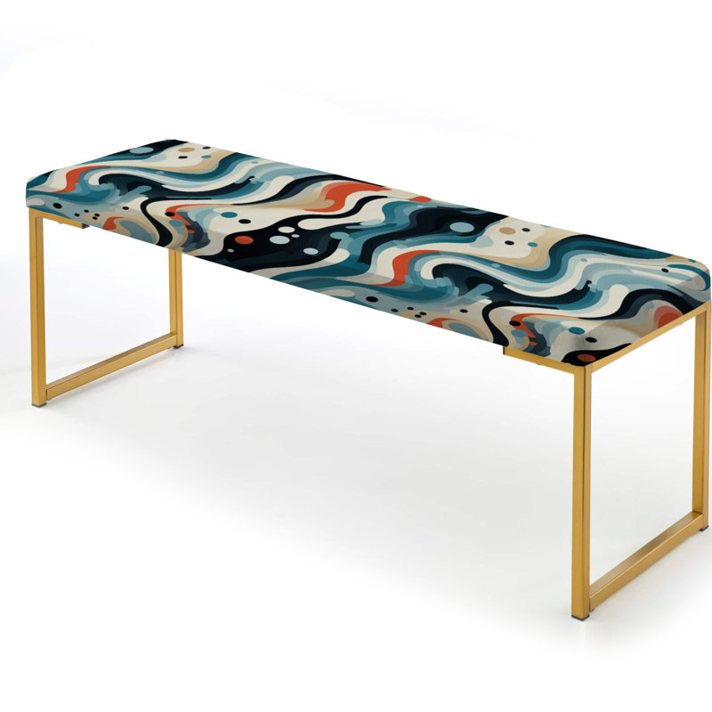 Geometric Upholstered Gold Bench, Blue And White Futuristic Vibes Striped