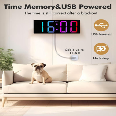12” digital wall clock full screen display black color