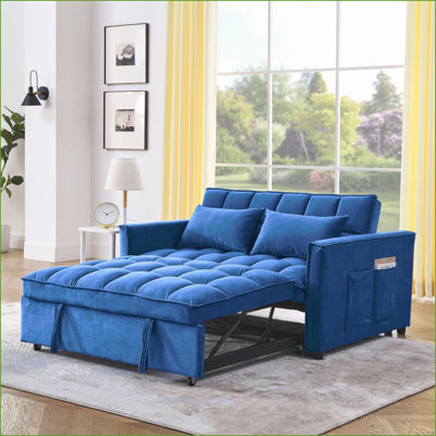 Canapé-lit convertible 3-en-1 2 places, velours bleu marine, largeur de 54 po pour le salon, appartement | Velours | Bleu marine