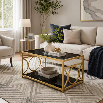 Modern Luxury Glass Coffee Table with Gold Metal Frame, Rectangular Cocktail Table with Lower Storage Shelf, Art Deco Center Table for Living Room