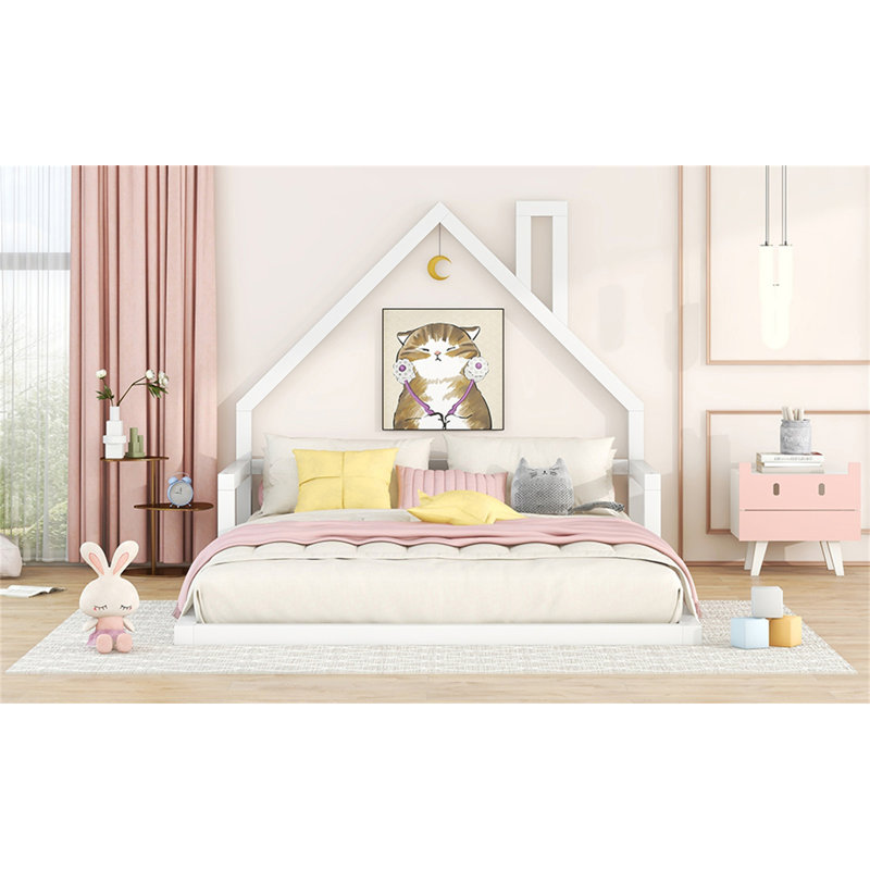 Wood Floor Bed With House-Shaped Headboard, White, Full