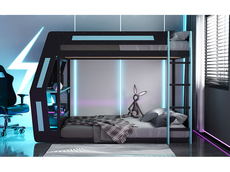 Lit superposé double pleine grandeur avec bureau RVB surdimensionné monté sur le côté, ports de charge USB et œillet à câble, bande lumineuse à DEL, structure Loft Esports robuste - bleu froid
