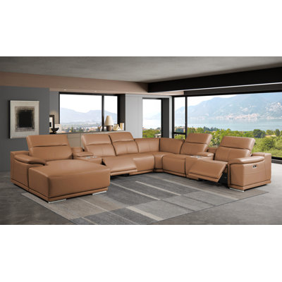 Canapé modulaire en forme de L en cuir italien DivanItalia de 8 pièces faisant face à gauche avec 2 fauteuils inclinables électriques et appuis-tête réglables