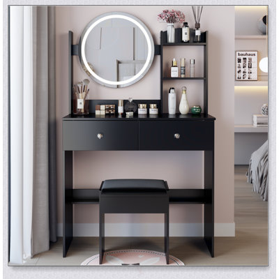 17 Inch Round LED Mirror Vanity Table Set With Soft Cushion Stool, Adjustable Brightness, And Multi-Layer Storage For Small Spaces