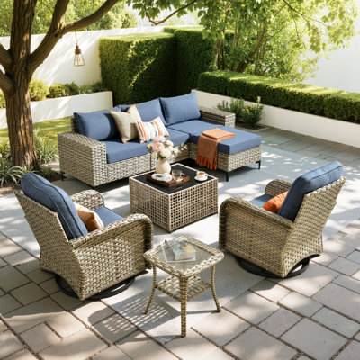 Ensemble de conversation de patio 8 pièces, canapé modulaire d'extérieur en osier avec larges accoudoirs et table basse, ensemble de canapé de patio avec fauteuils et coussins pivotants