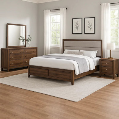 Ensemble de chambre avec très grand lit 4 pièces Yels, revêtement gris, bois brun noyer