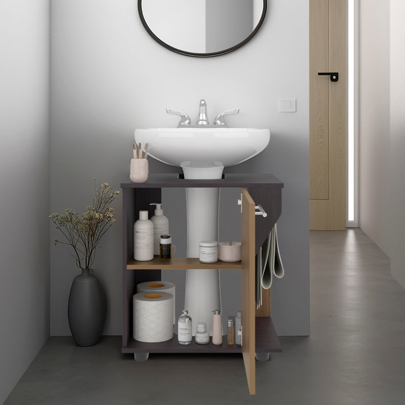 Phillips Under Sink Cabinet, Double Door Storage With Open Back For Pipes, Wide Unit, Freestanding Cabinet, Natural/Gray