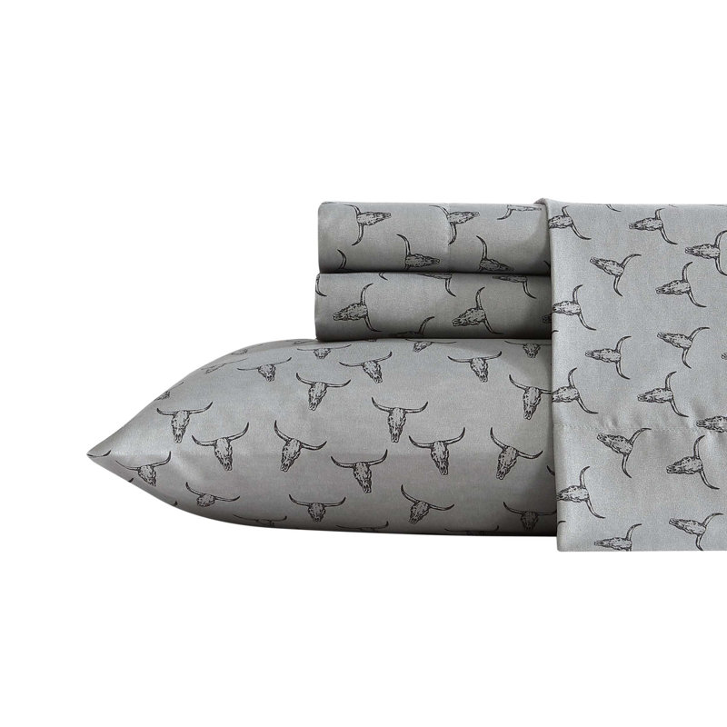 Wrangler Printed Cozy Novelty Sheet Sets, Full Sheet Set with 2 Pillowcases, Steer Skulls Gray