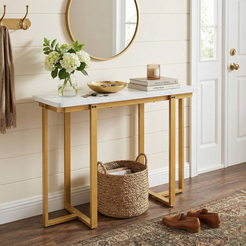 Console de 42 pouces pour hall d'entrée moderne avec plateau en faux marbre et cadre géométrique en métal pour le vestibule du vestibule