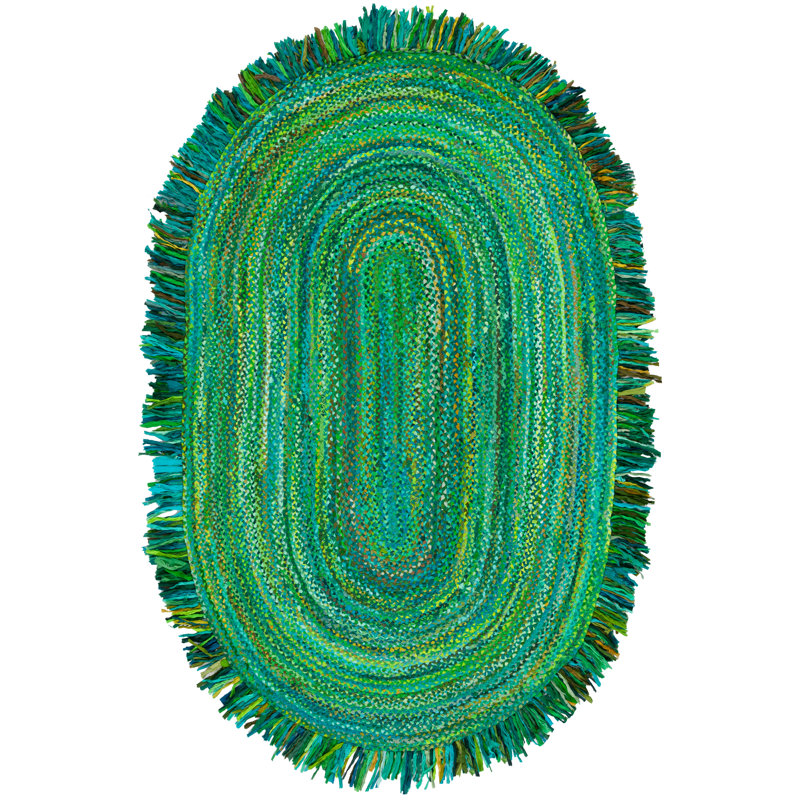 Kellems Solid Color Handwoven Cotton Area Rug in Green, Oval 3' x 5'
