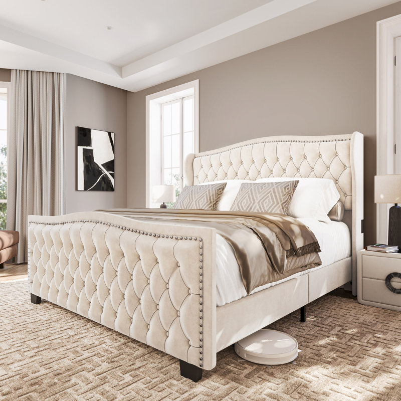 Lit plateforme Gujral, Très grand, Beige