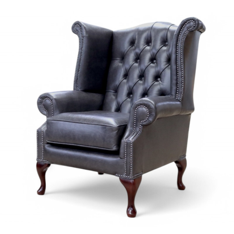 High Back Chesterfield Upholstered Wingback Chair, Cracked Wax Black