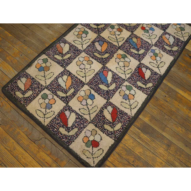 American Hooked 1930s Small Scatter Size Antique Multicolor Wool Rug