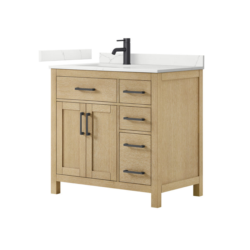 Beckett 36" Freestanding Single Bathroom Vanity with Quartz Top, Brushed Nickel, White Quartz, Whitewashed Oak