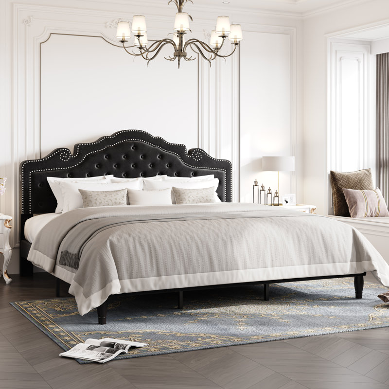 Tête de lit plateforme en forme de tête de lit capitonnée en velours Antonious, réglable en hauteur à 3 niveaux, sans sommier, rangement sous le lit