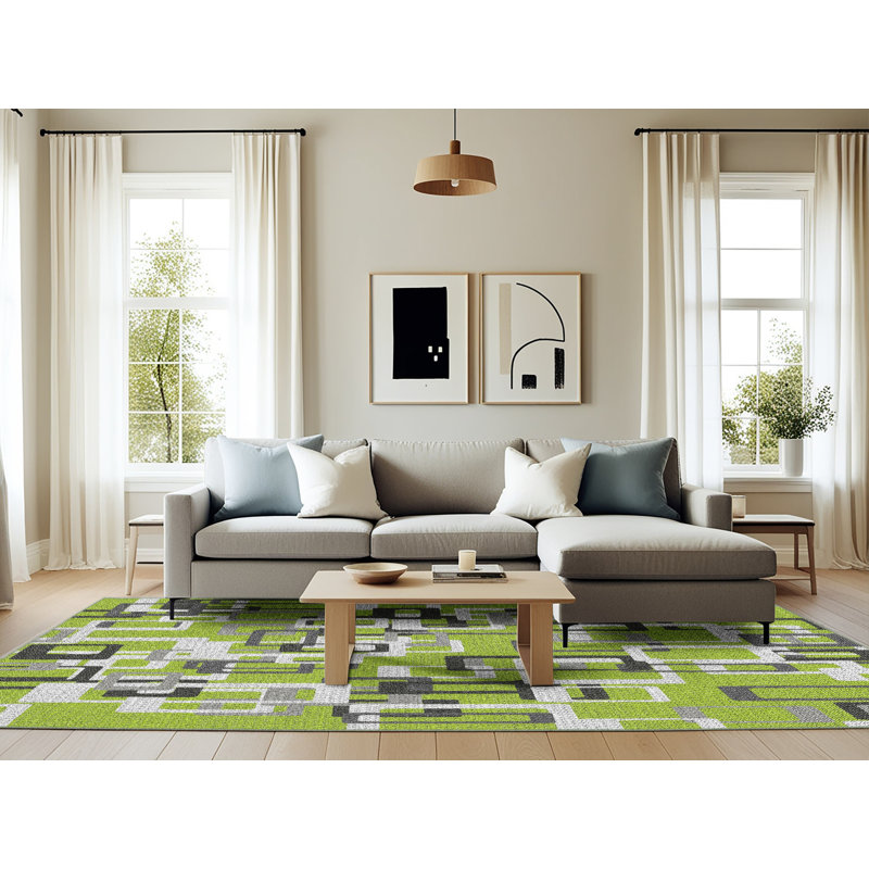 Tapis à motif géométrique vert, Rectangle 6 pi x 9 pi