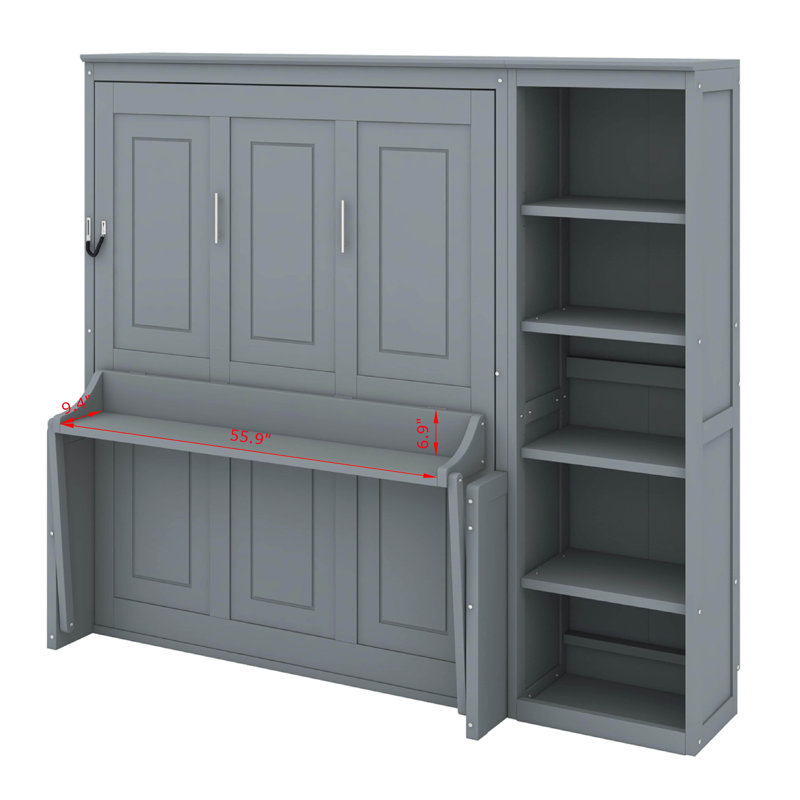 Lit escamotable double avec bureau et bibliothèque, gris, Double