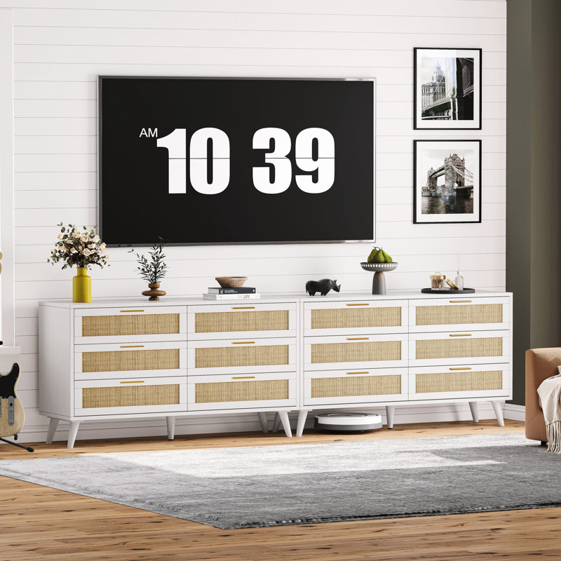 White and Natural Double Dresser with Rattan Drawers
