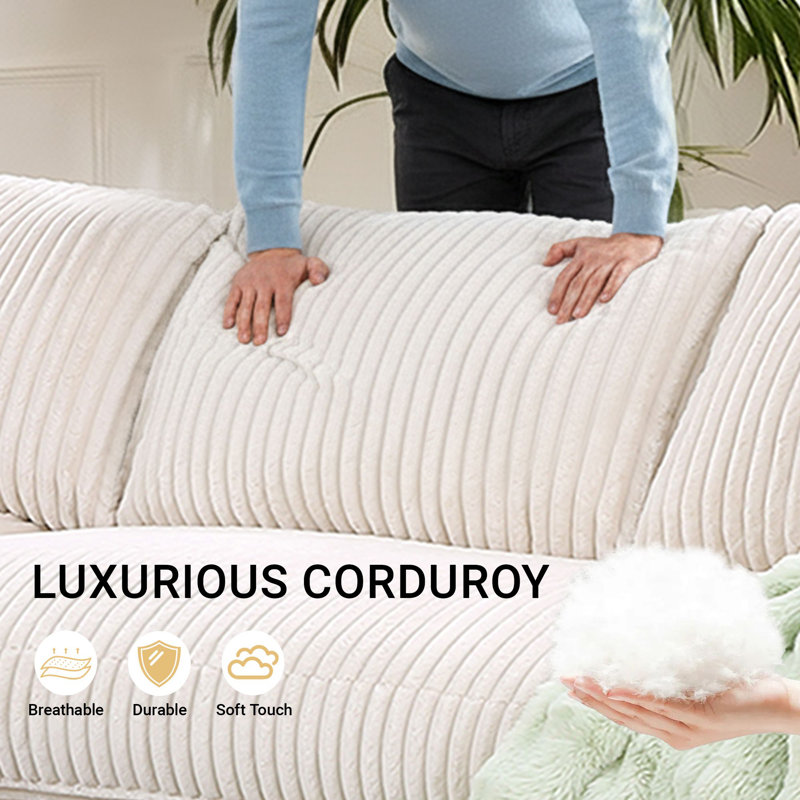 98.7" Corduroy Sectional Corner Sofa 6 Seater Deep Seat Cloud Couch With Upholstered Movable Ottoman, Beige Corduroy