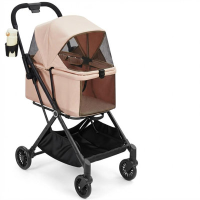 39 inch Brown Collapsible Dog Stroller for Small & Medium Pets Light weight Breathable Mesh Canopy Ideal for Walking Travel Airline Approved