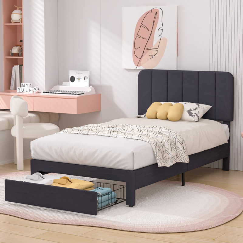 Huntsville 4-Drawer Velvet Upholstered Platform Bed, Black, Twin