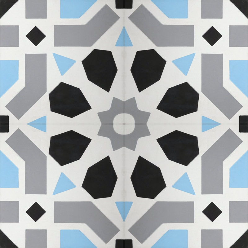 Azilal 8" x 8" Cement Patterned Wall & Floor Tile, Sky Blue/Black/White