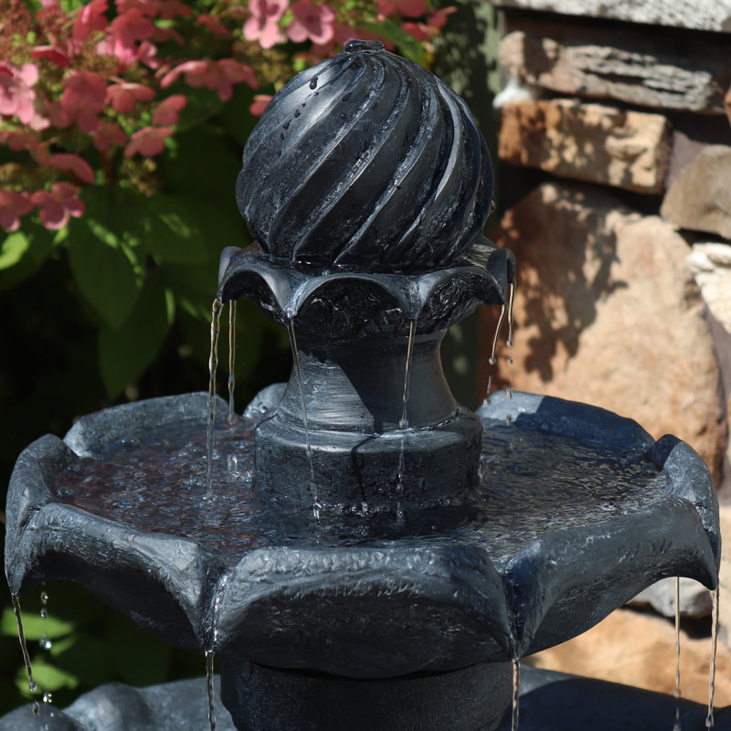 Arcade Polyresin 2-Tier Solar Fountain with Battery Backup - Black, Black