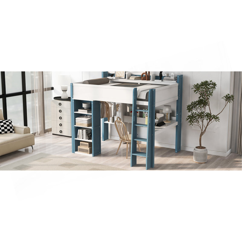 Lit mezzanine double en bois avec tablettes de rangement intégrées, portemanteaux et bureau, Blanc / Bleu