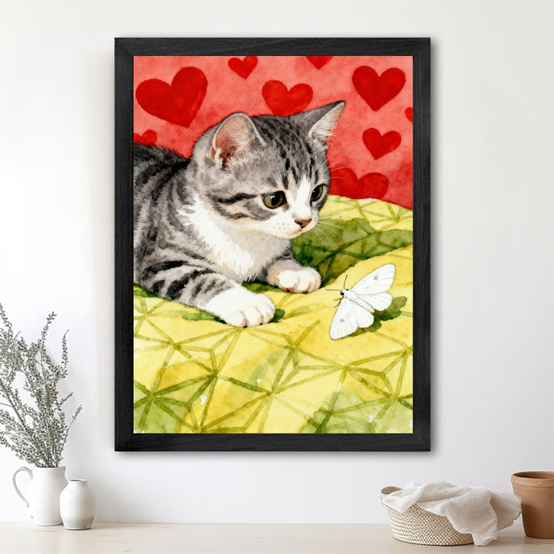 Art mural encadré noir avec chatons et insectes rétro, H 37 po x l 25 po