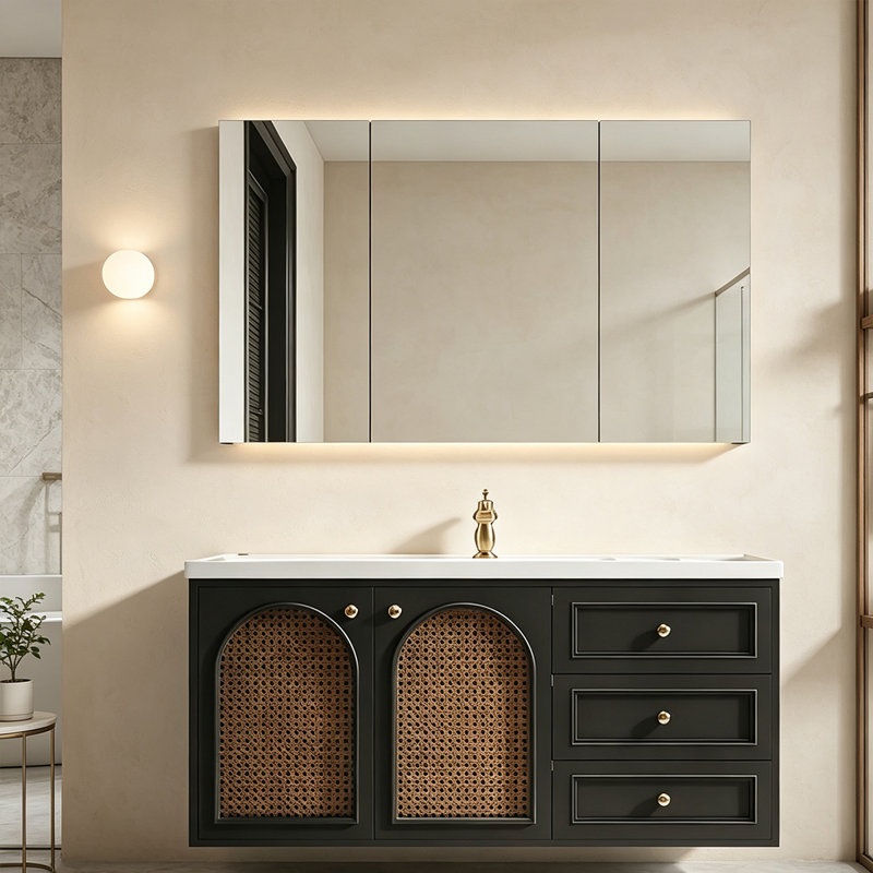 Meuble-lavabo français rétro en bois d'hévéa avec lavabo en céramique et portes en rotin