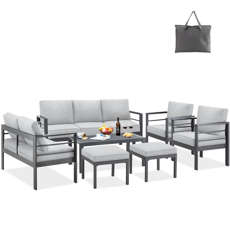 Ensemble de conversation d'extérieur 9 personnes avec coussins Raenelle, Gris
