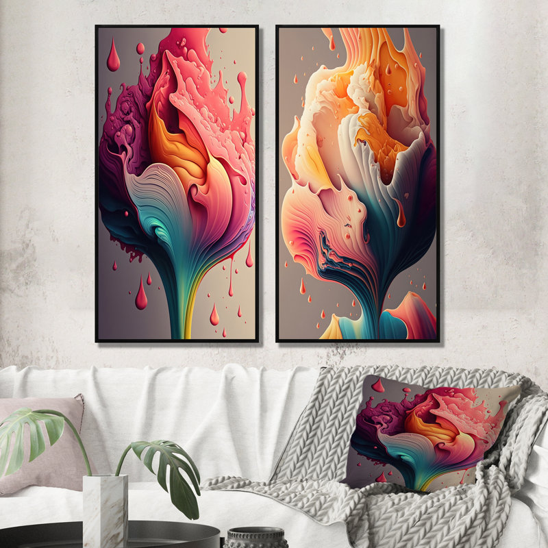 "Multicolor liquide encre tulipe fleurs I" 2 - pièces sur toile, Cadre noir, H 20 po x l 24 po