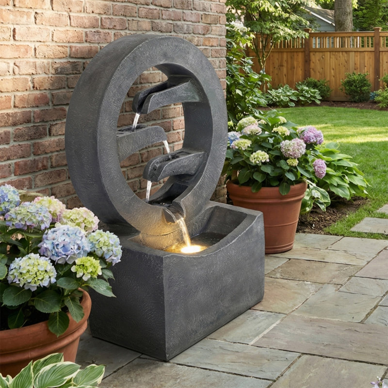 26.77"H Gray Circular Polyresin Outdoor Water Fountain with LED Light