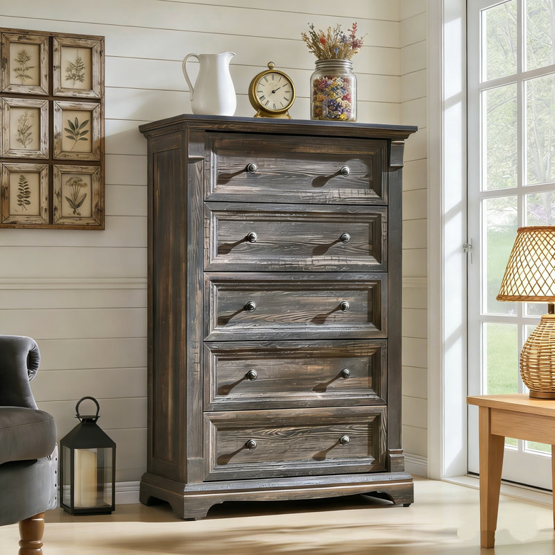 Farmhouse 5-drawer Dresser - Solid Wood & Space-saver, Dark Rustic Oak