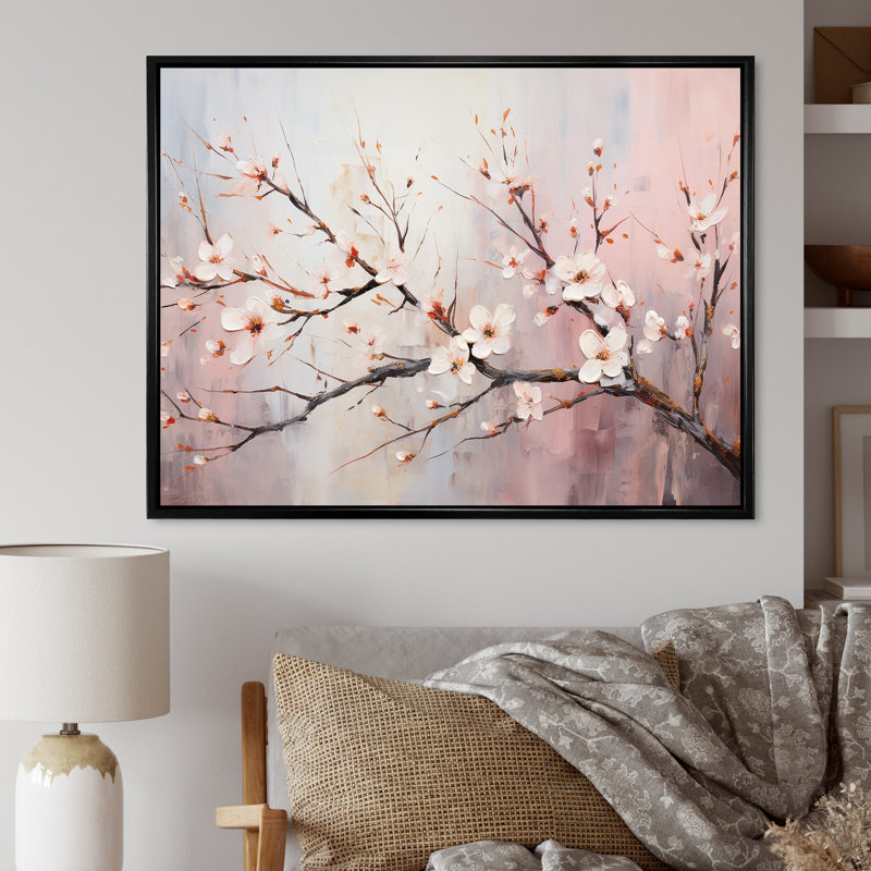 Cerisier rose et blanc 2 - Art mural cerise, Cadre flottant noir, H 24 po x l 32 po x P 1 po