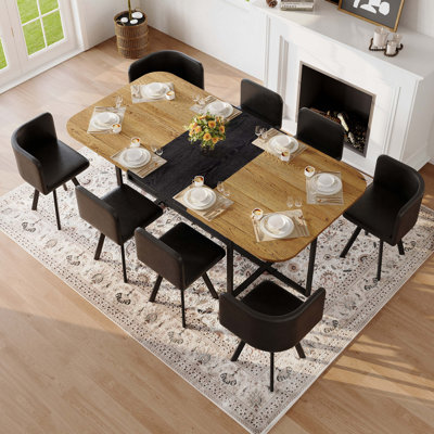 Ensemble de table de salle à manger 9 pièces 9 pièces, plateau de table fixe en grain de bois bicolore et triamine de grain de bois noir avec 8 chaises en similicuir noir, ensemble de table de cuisine moderne pour 8 personnes, idéal pour les réunions de famille
