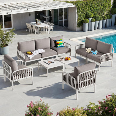 9-Piece Outdoor Patio Conversation Set, Modern Sectional Sofa with Two Coffee Tables, Waterproof Cushions