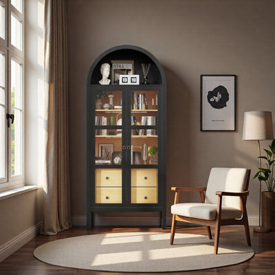 Modern Farmhouse Arched Cabinet With Glass Doors,72" Tall Auto Sensor Light Arch Storage Cabinet With Height Adjustable Shelf And 2 Drawers Display Bo