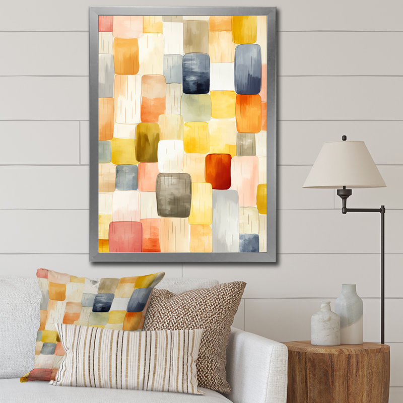 Retro Cubist Abstract Retro Composition - Modern Midcentury Canvas Print, Silver Picture Framed, 32" H x 24" W x 1" D