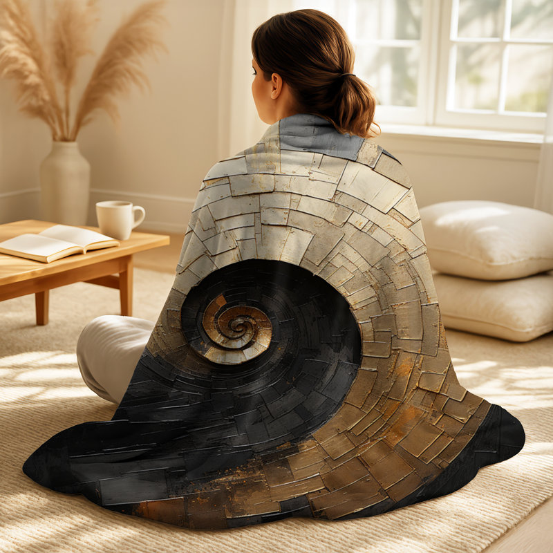 Gold Black Spiral Potteries - Abstract Spirals Fleece Throw Blanket