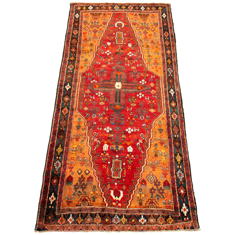 Tapis de couloir en tapis décoratif laine rouge anatolian rouge/cuivre de conception unique 3 pi 11 po x 9 pi 2 po noué à la main