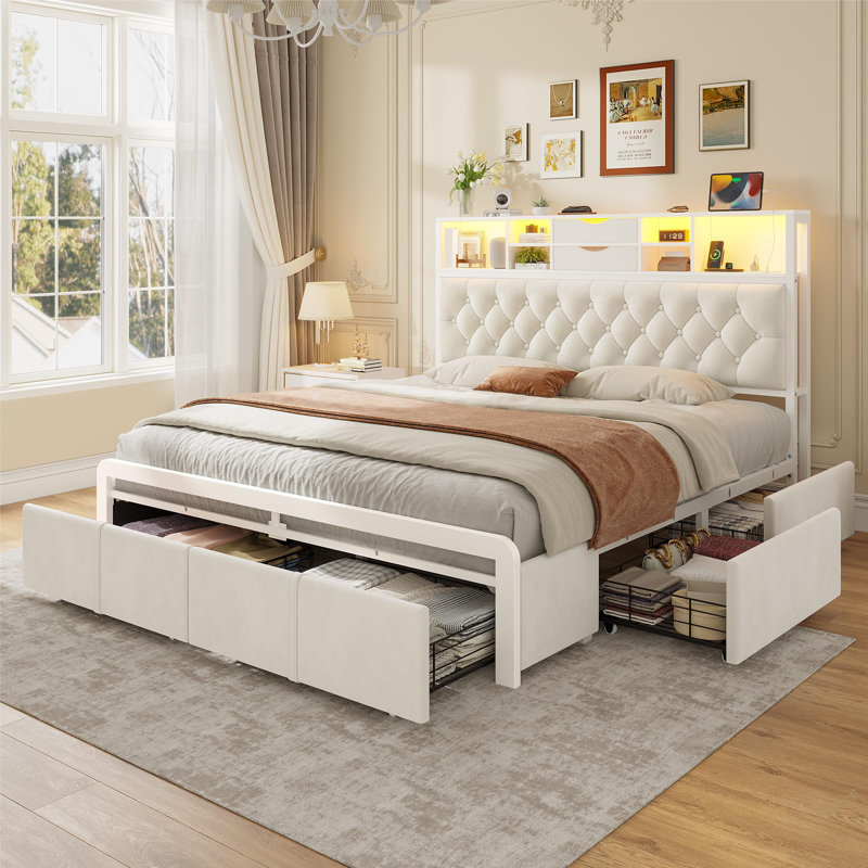 Upholstered Bed Frame With 6 Storage Drawers And Headboard, Platform Bed With Led Lights And Charging Station, Queen, White