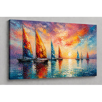 Large Sailboat Canvas Wall Art 24x36 Inch Colorful Boats Reflection Abstract Ocean Painting Modern Nautical Artwork for Living Room Office Coastal Decor Ready to Hang
