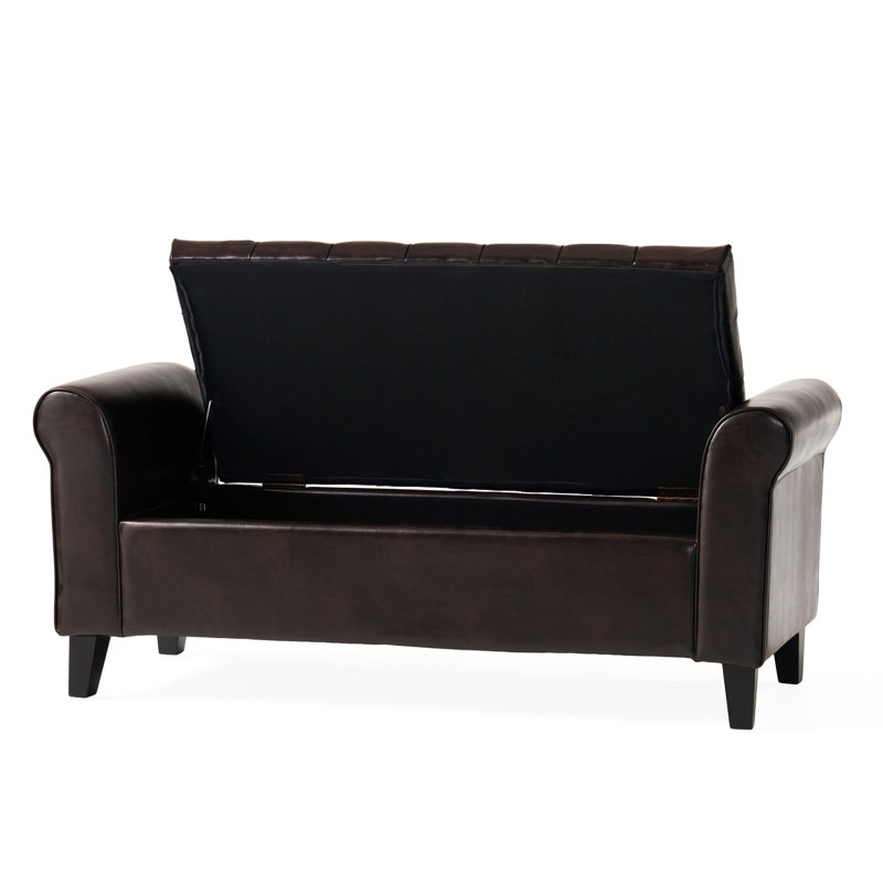 Banc de rangement élégant avec couvercle à boutons et accoudoirs roulés gracieux, accoudoirs en similicuir brun