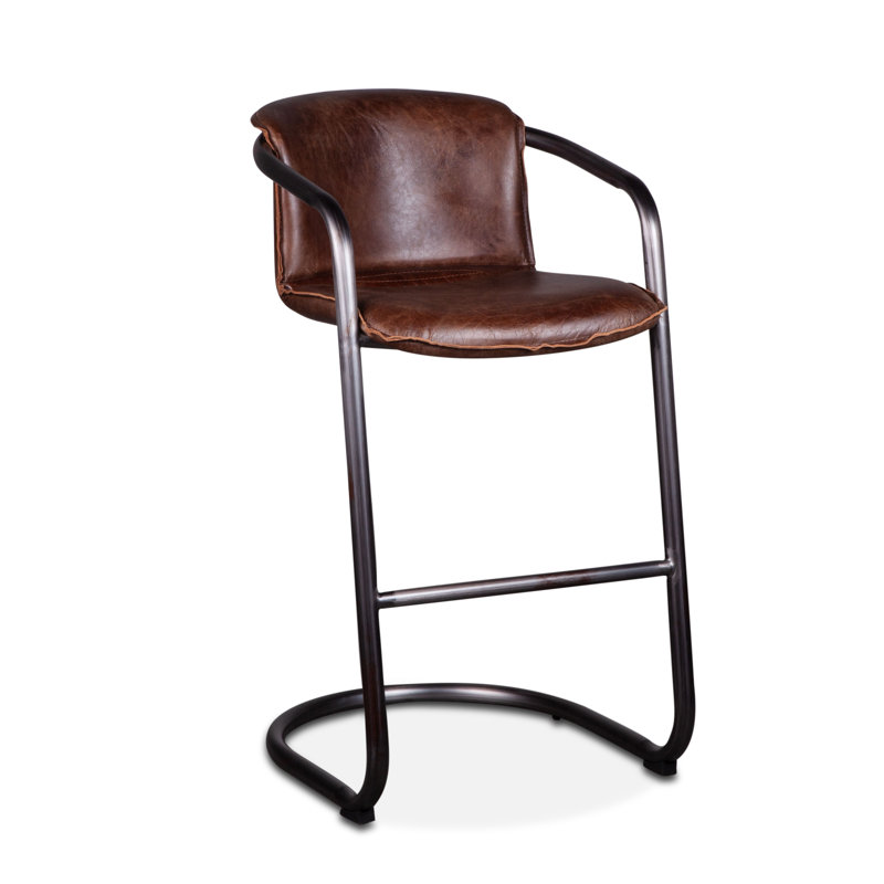 Darbonne Upholstered Counter Stool with Metal Frame, Bar Stool (29" Seat Height), Chestnut Leather/ Brushed Nickel Frame